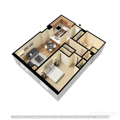 3d floor plan of a 1 bedroom 1 bathroom unit
